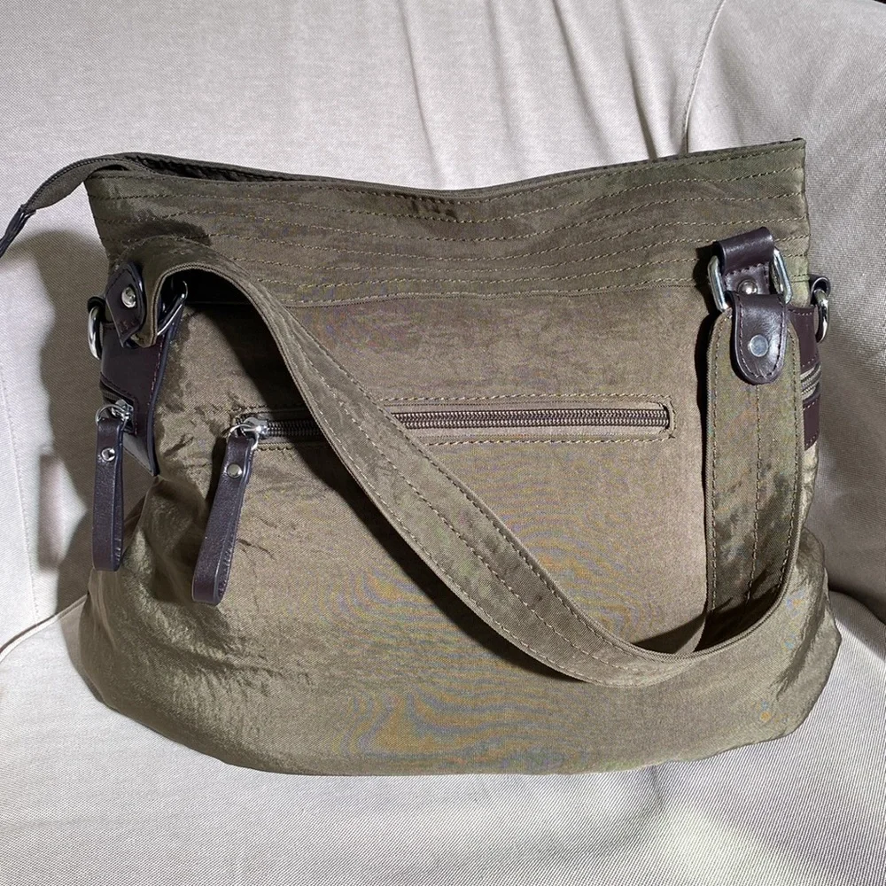 Bonnie Collection Olive Green Large Canvas Bucket Tote Bag w/Brown Leather Trim